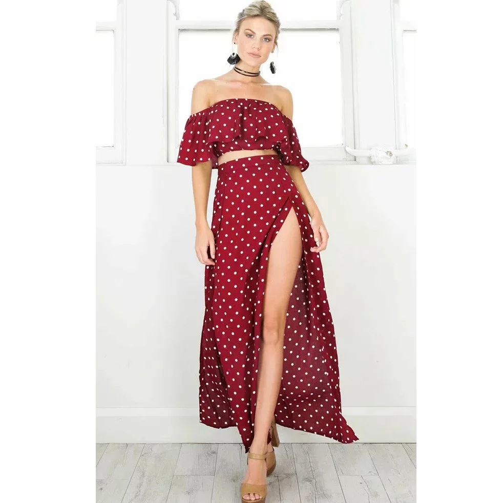 

Flounced Horizontal Neck Leakage Umbilical Short Tops High-waisted Slit-Printed Dress WOMEN'S Suit