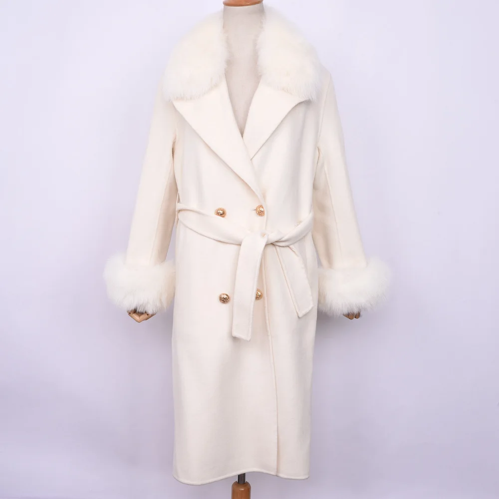 Роскошные женские пальто из натуральной шерсти Модная Меховая куртка воротник из лисьего меха с поясом зимняя теплая кашемировая верхняя одежда S7519 - Цвет: Cream