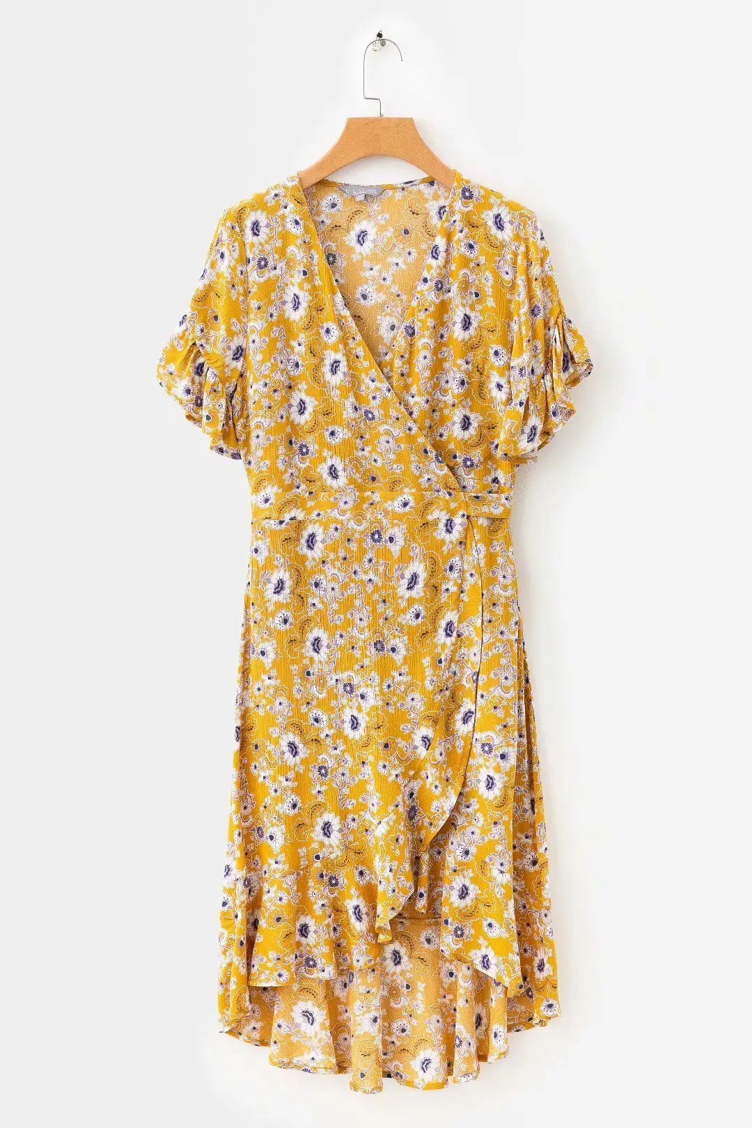

2019 Spring Pullover Cross V-neck Short Sleeve Flounced Printed Elastic Waist Wrap One Piece Long Skirts WOMEN'S Dress Dress
