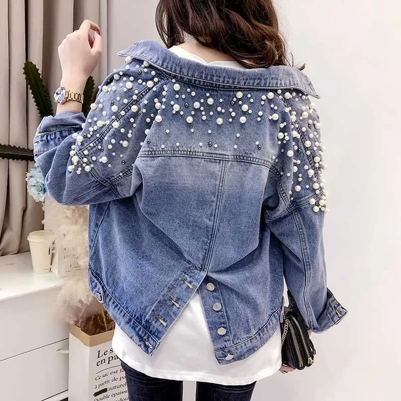 

Korean Heavy Work Student Denim Jackets Autumn Loose Wild Beading Split Jacket Preppy Style Metal Buckle Coat pear denim jacket