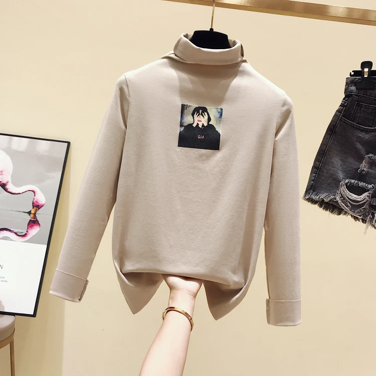 

2019 Fall T-shirt Turtleneck Woman New Long Sleeve All-match Basic Tops Tshirt Tees Girl Print Warm T Shirts Femme