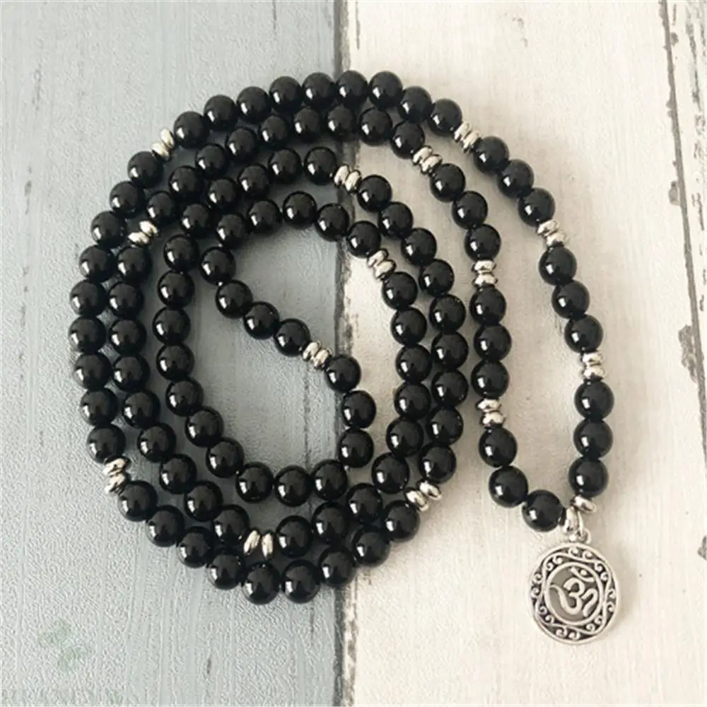 

8mm black agate gemstone 108 beads Mala bracelet Cuff Handmade Wrist Healing Reiki Pray Classic Spirituality Bless Elegant