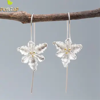 

Flyleaf Plant Gold Flower Heart Scrub Earings Fashion Jewelry Long Drop Earrings For Women Real 925 Sterling Silver Fine Jewelry