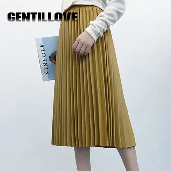 

Skirts Women Solid Pleated PU Maxi Skirt Femme Midi Skirt Simple Student High Waist All-match Ladies Streetwear Chic Womens
