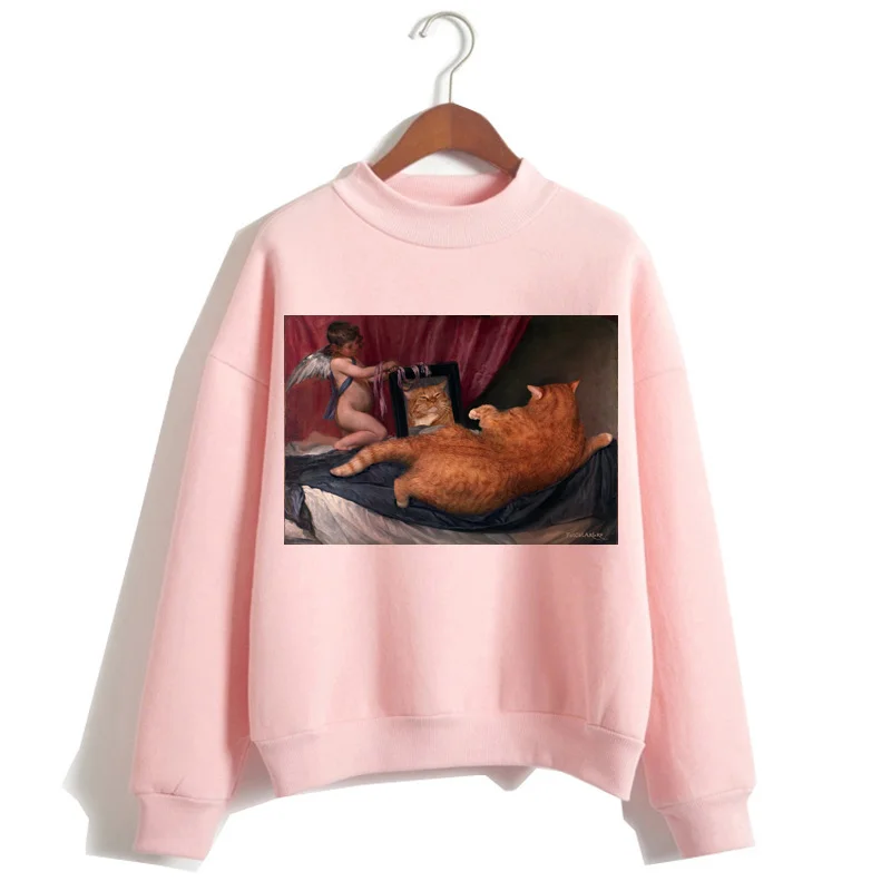 P1847G-pink Кошка Ван Гог Розовая Толстовка забавная Женская мультяшная каваи с капюшоном Harajuku Толстовка с принтом женская одежда 90s теплая - Цвет: P1847G-pink