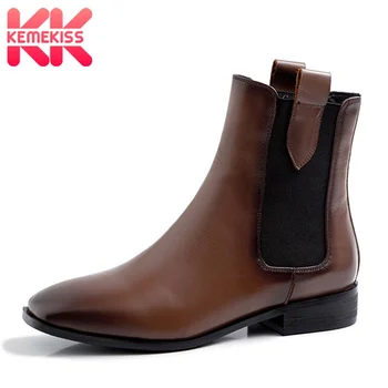 

KemeKiss Real Leather Women Ankle Boots Fashion Chelsea Style Elastic Strap Shoes Women Casual Patchwork Footwear Size 33-40
