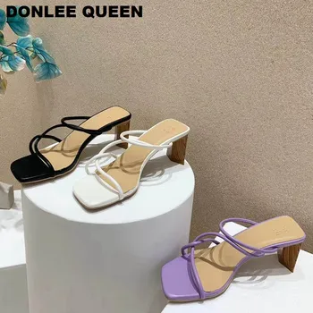 

2020 Strange High Heel Sandals Women Slippers Narrow Band Slides Elegant Ladies Slippers Wooden Block Heels 6CM Summer Footwear