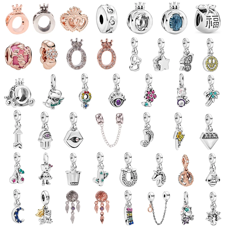 

Couqcy New Silver 925 Fit Pandora Unicorn Charms Bracelet Flower Crown Horse Frog Smiley face Dumbo Bead DIY Women Jewelry