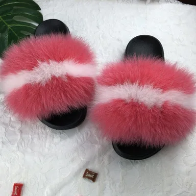 Watermelon red white Тапочки с натуральным лисьим мехом; Летняя женская меховая обувь; повседневные сандалии на плоской подошве; женские домашние пушистые тапочки; шлепанцы с мехом енота; пляжные шлепанцы - Цвет: Watermelon red white