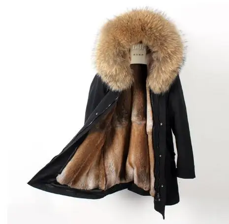 black brown long Новинка, мужская зимняя куртка, натуральный мех, подкладка из кроличьего меха Рекс, пальто, Толстая теплая парка с воротником из меха енота - Цвет: black brown long