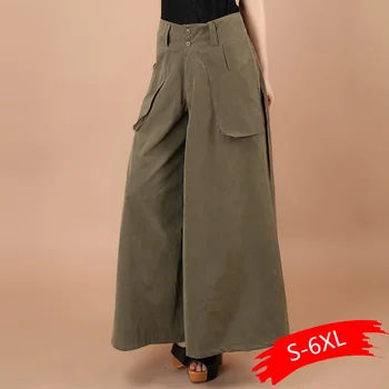 

Plus size summer Women Wide Leg Dress Pants vintage Female Casual solid Skirt Trousers Loose 50s Capris Culottes Pocket