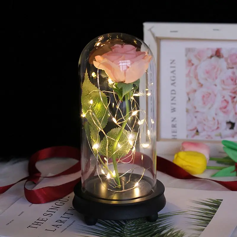 День Святого Валентина Galaxy Rose Flower USB Powered светодиодный светильник в стеклянном куполе на деревянной основе без батареи