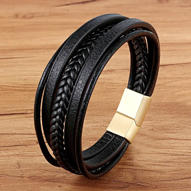 Fashion Stainless Steel Charm Magnetic Black Men Bracelet Leather Genuine Braided Punk Rock Bangles Jewelry Accessories Friend - Окраска металла: BXXG871