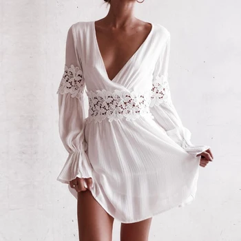 

2019 Sexy Open back V-neck Dress Autumn Lace V-Neck Halter Backless Party Strap Dress Women White Deep V Neck Full Sleeve Dress