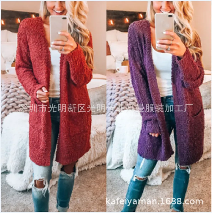 Европа и Америка AliExpress женское платье осень и зима свободный крой плюшевый Карманный кардиган пушистый средней длины пальто