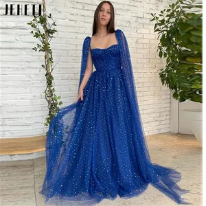 JEHETH-vestido de fiesta azul real, vestido de tul con estrellas brillantes, escote Corazón, mangas largas, capa larga, vestidos de noche para fiesta