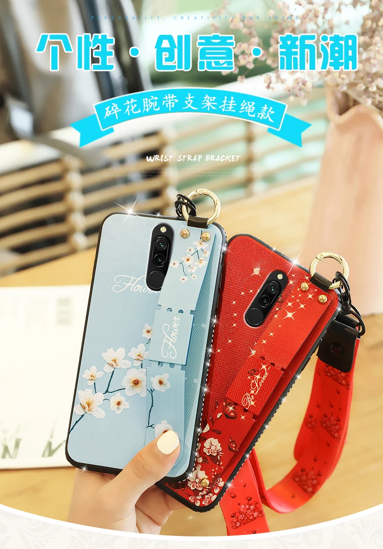 Чехол для Xiaomi Redmi 8, роскошный модный блестящий чехол с бриллиантами и разбитыми цветами для Xiaomi Redmi 8, Redmi8, напульсник, задняя крышка, 6,22 дюйма