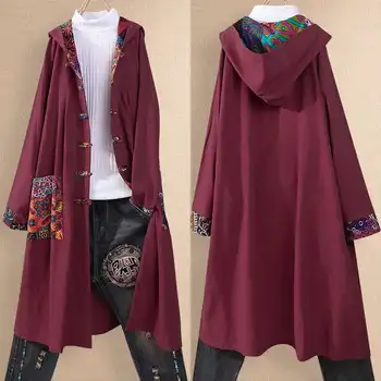 

L 5XL 2020 Women Hooded Patchwork Coats Spring Long Sleeve Cotton Long Cardigan Vintage Printed Jackets Female Overcoat Vestido