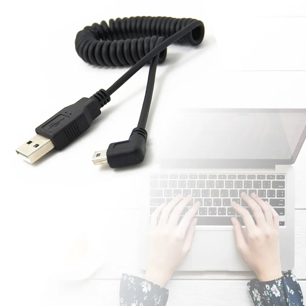 1 шт. USB 2,0 A штекер для мини-usb 5 Pin Прямоугольный 90 градусов Спиральный Кабель-адаптер 5 футов для mp3-плееров цифровых камер