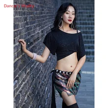 Новая женская Одежда для танцев с короткими рукавами, тянущиеся длинные юбки для танца живота+ Топ(с нижними шортами