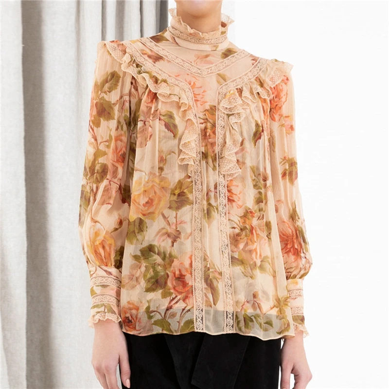 

2019 Fall Woman Long Sleeve Chiffon Shirts Runway Printed Tops Ruffle Blouses