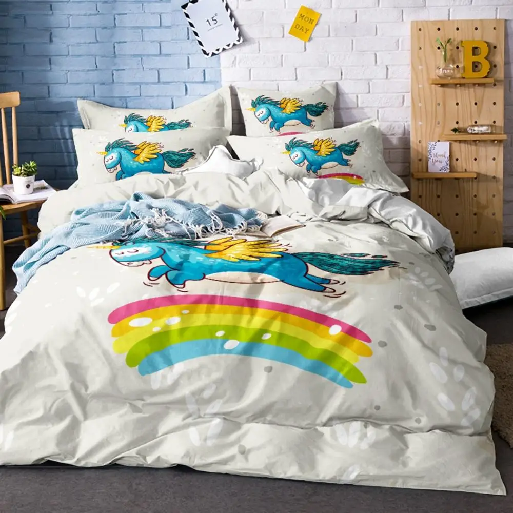 Running Unicorn Duvet Cover Set Rainbow Dream Girls Bed Linen Set