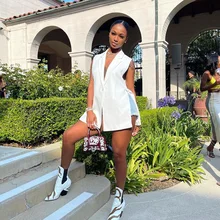 White Chic Hollow Sleeveless Blazer Women Side Split Tassel Deep V Neck Simple Office Lady Blazer Street Wild Vests Jacket Y2K