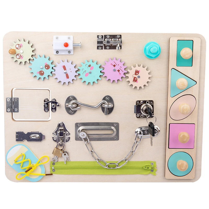 

Wooden Children Montessori Sensory Activity Board With Lock Latches Shape Puzzle Zipper Learning to Tie Shoes Educational Toys