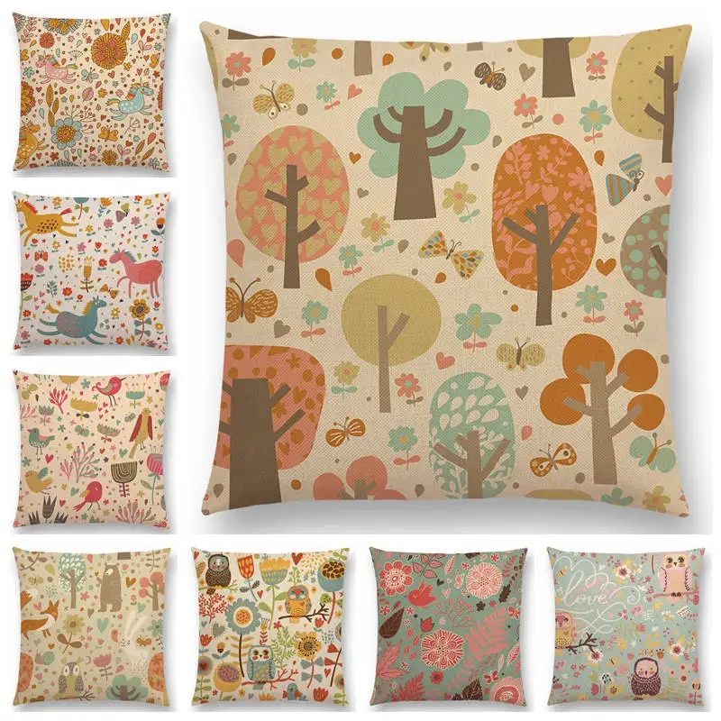 Cute Animals Elephant Owl Horse Rabbit Bits Pieces Flowers Forest Retro Christmas Good Cushion Cover Sofa Nice Pillow Case | Дом и сад