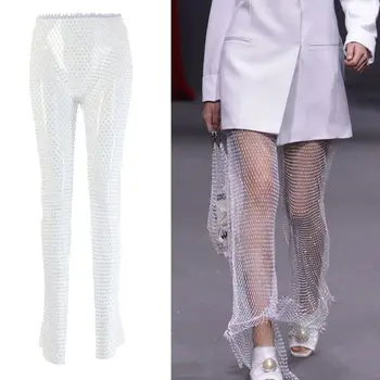 

Women Net Grid Open Slit Pants Shiny Imitation Diamond Decor Leggings