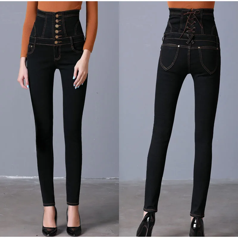 Plus Size High Waist Button Up Skinny Pencil Jeans 4Xl 5Xl Sexy Women Spring Back Lace Up Slim Fit Light Gray Casual Long Jeans