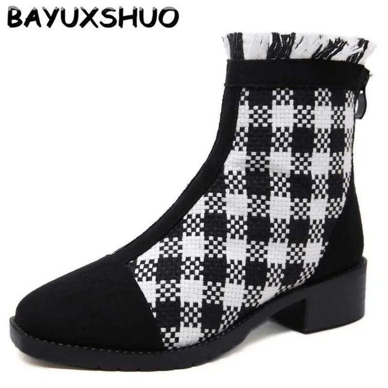 

BAYUXSHUO New Ladies High Heel Ankle Boots Plaid Martin Boots Fashion Retro Inverted Boots Square Head Square Root Women Boots