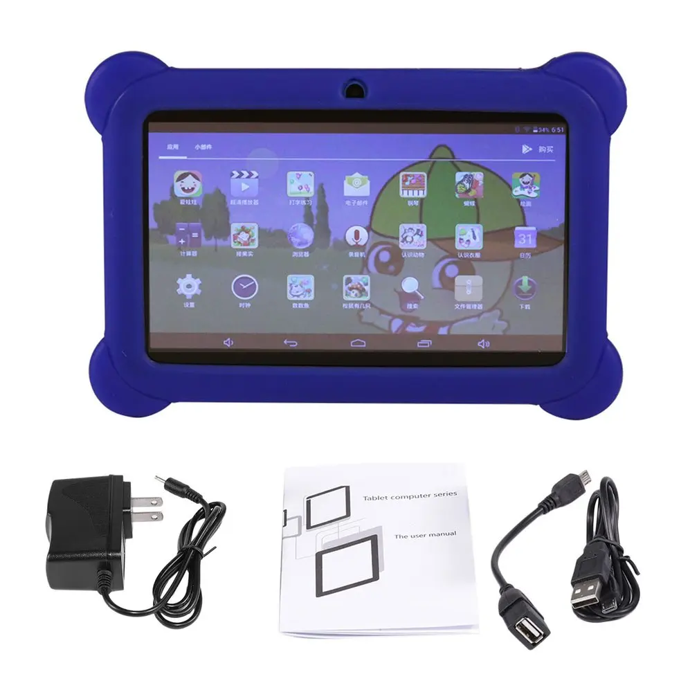 

7 inch Children Tablet Q88 512MB+4GB A33 Quad Core 0.3MP Dual Camera 1024*600 Wifi Android 4.4 Tablet PC With Silicone Cover