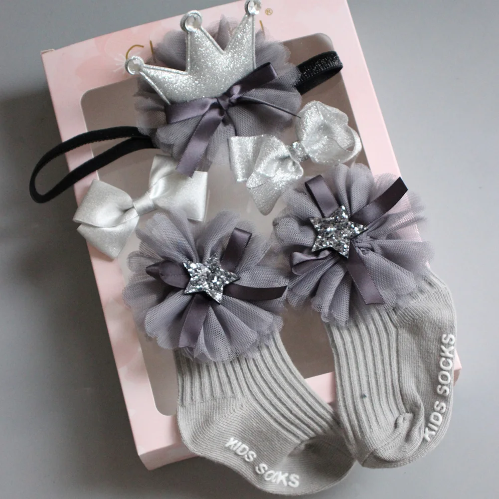 Toddler Newborn Baby Socks Headband Set Gift Kids Crib Ankle Socks Hair Band Set Warm Cute Crown Appliques Princess Suits