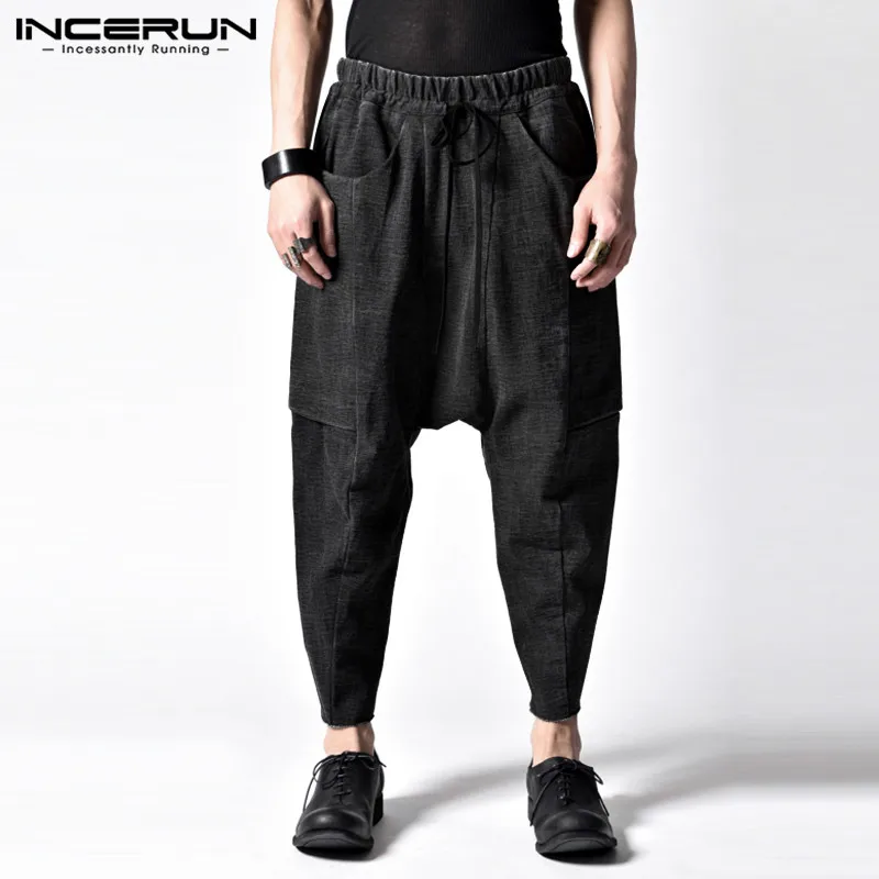 

INCERUN Men Harem Pants Drawstring Solid Loose Drop Crotch Pockets Joggers Hip-hop Trousers Men Casual Pants Streetwear 2019 5XL