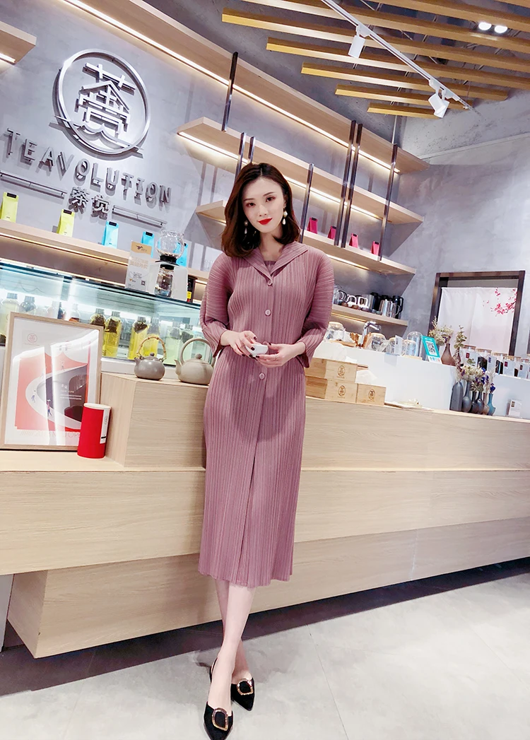 HOT SELLING Miyake High-end fashion puff three quarter solid turn-downcollar Button Fake two pieces dress IN STOCK