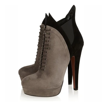 

Cow Suede Leather Boot Women Simple Fashion Thin Heels Lace Up Shoes Mixed Color Round Toe Work Shoes Platform Boots TL-A0222
