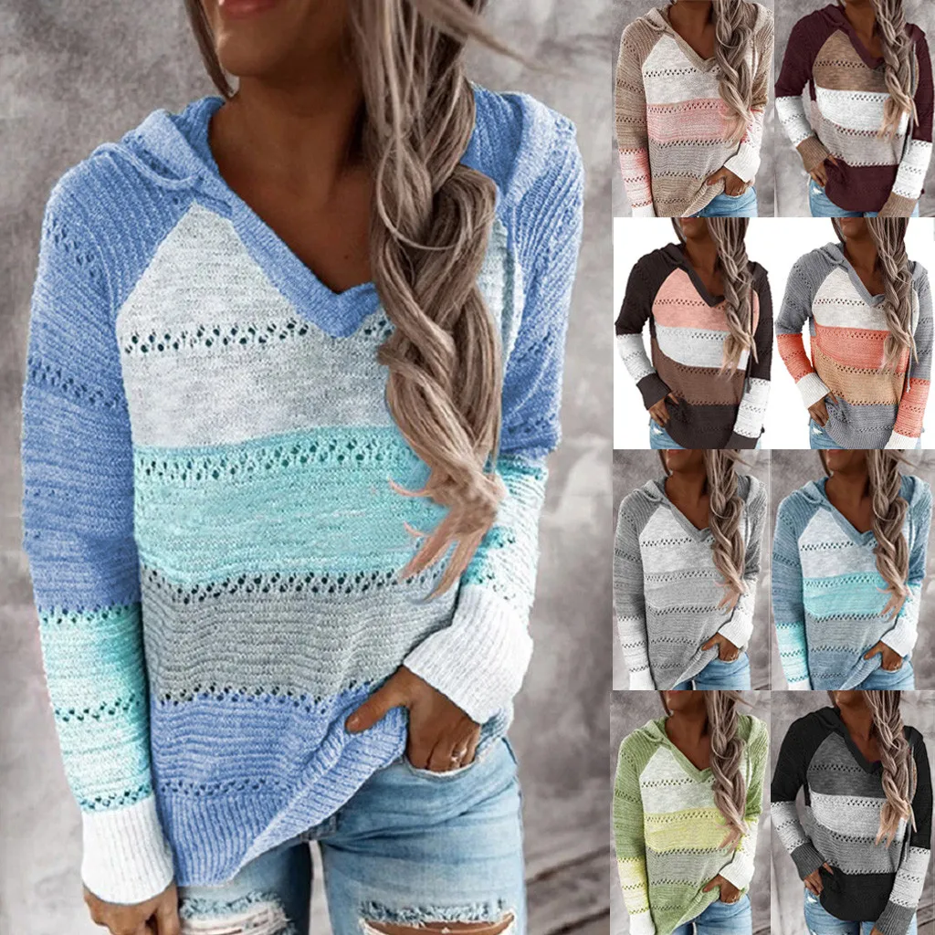 Jersey de manga larga con capucha para mujer, ropa de moda de otoño e invierno, informal, holgada, a rayas, # D3, 2020