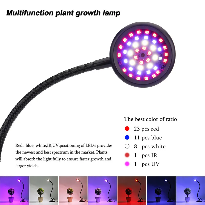 Полный спектр светодиодный светильник 20 Вт гибкий зажим красный синий белый ИК УФ три переключателя лампы для комнатных растений суккуленты саженцы Vegs