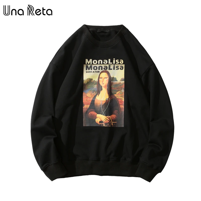 UnaReta Mona Lisa, флисовая мужская толстовка с принтом, хип-хоп пуловер, уличная толстовка, Harajuku, спортивный костюм, мужские повседневные топы - Цвет: Черный