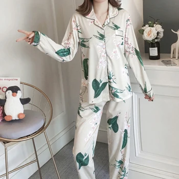 

Autumn Pajamas For Women Long Sleeve Luxury Flower Print Sets Fashion Breathable Two Pieces Shirts + Pants Nighties Sleepwear