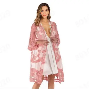 

Women Loose Long Sleeve beach dress 2020 Summer Lace See Through Beach Cover Up bikini Bathing Suit trajes de baño pareos cape