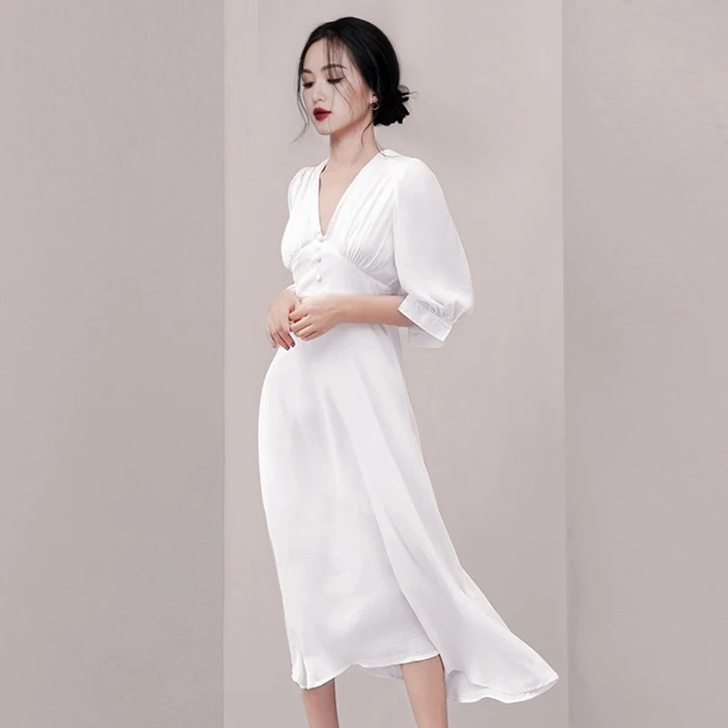 Women Autumn Summer Soild White Puff Sleeve V-neck Button Embellished High Waist Mid-calf Chiffon Dress Elegant Party Vestidos