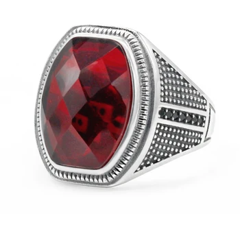 

Real 925 Sterling Silver Punk Signet Rings Red Cubic Zircon Ring for Men Party Fine Handmade Jewelry