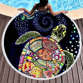 

Turtle Printed Round Beach Towel Microfiber Compressed Bath Towel For Adults Kids Bohemian Summer Sport Beach Towel With Tassels