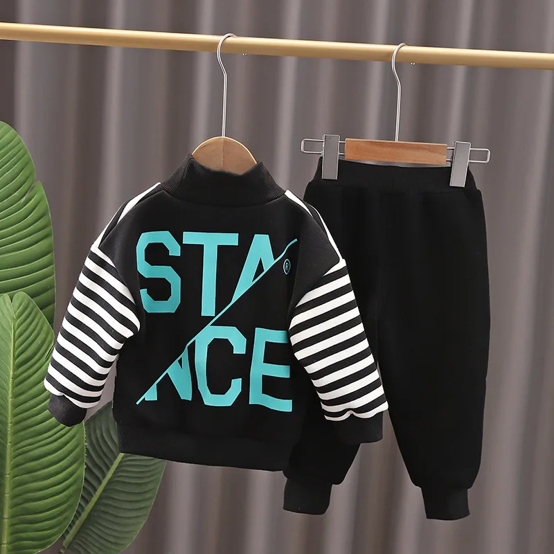 

Boys Winter Long Sleeve Letters Stripe Thick Fleece T-shirt Tops+Pants Clothes Set Toddler Kids Sports Tracksuit Casual Outfit