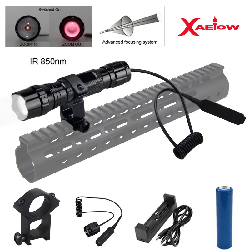 

5W IR850nm Night Vision Flashlight Tactical Infrared Radiation IR Zoomable Hunting Weapon Light+Switch+18650+Rifle Mount+Charger