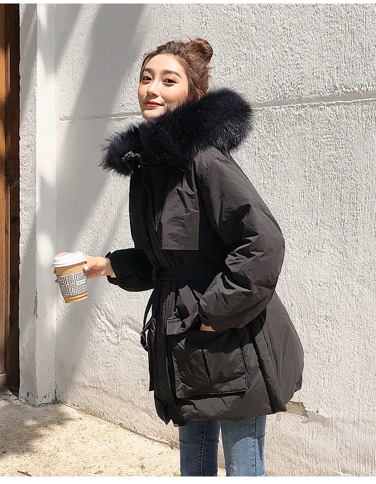 New Style Korean-style White Duck Down Jacket Women's Short-height Workwear Coat Genuine Fur Collar Income Belt Slimming
