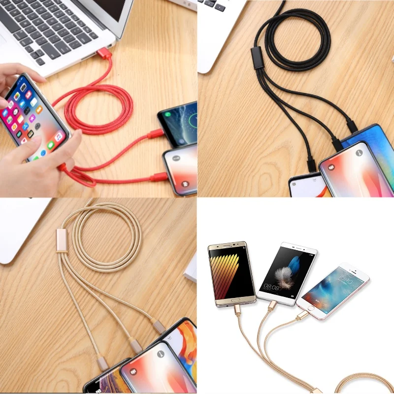 3 в 1 нейлоновый USB кабель 1,2 м usb шнур для зарядки 2A быстрое зарядное устройство для мобильного телефона зарядный кабель для iPhone samsung huawei Xiaomi