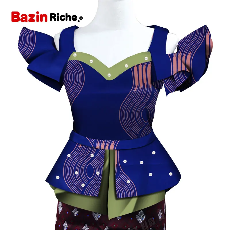 Fashion Shirt African Print Top for Women Bazin Riche Pearls Double Ruffles Top Cotton Dashiki African Clothing WY5096 - Цвет: 17